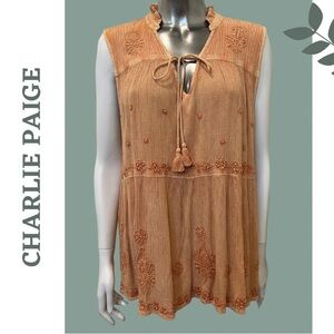 Charlie Paige Women's Brown Orange Embroidered Sleeveless Top Boho Indie Large
